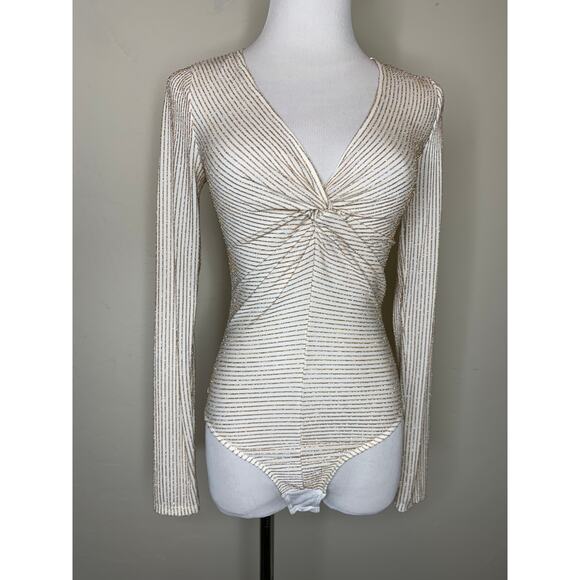 Francesca's Tops - Francesca's Cream Gold Bodysuit Twist Bust Sz XS Coquette Glam